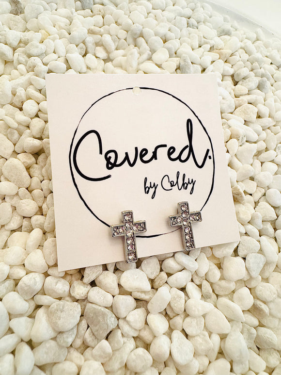 Silver Pavé Cross Studs